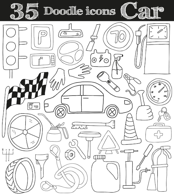 Auto e guida set di 35 icone doodle illustrazione vettoriale