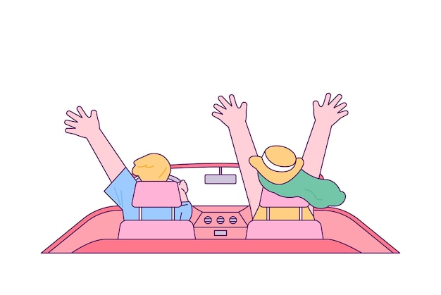 Поездка на автомобиле в отпуск Пара радуется, подняв руки, когда они отправляются в поездку на кабриолете