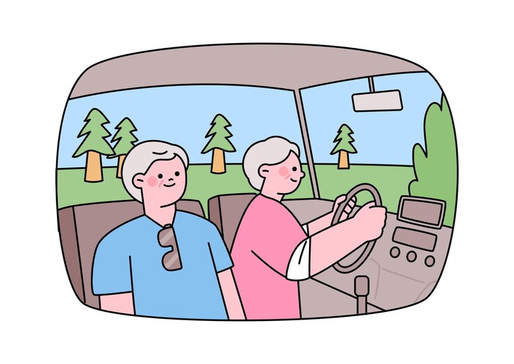 Vector 車での休暇旅行 老夫婦が車で自然の風景のある場所を旅行している