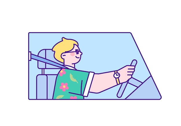 자동차 운전 휴가 여행 선글라스와 꽃 무늬 셔츠를 입고 운전하는 남자