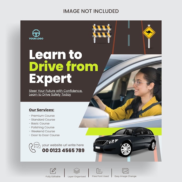 Car driving school social media and facebook post banner or square flyer template design