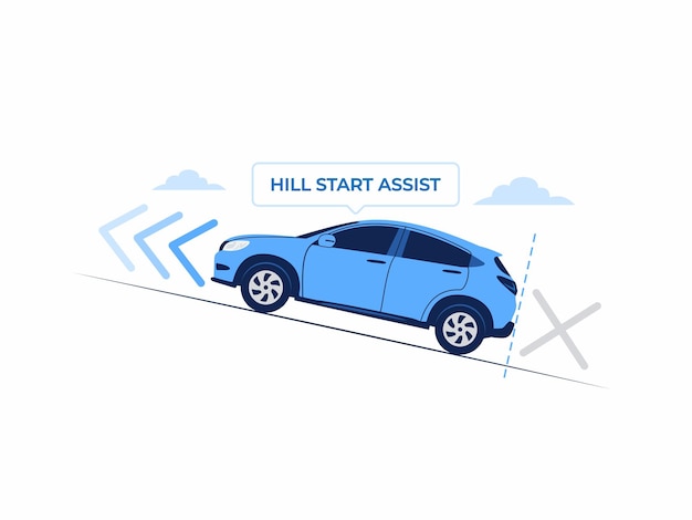 Vector car driving uphill mountain road with hill start assist hill hold control