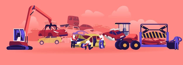 Car Dump Concept. Industrial Crane Claw Grabbing Old Car for Recycling, Automobiles Utilization Characters Dismantling Auto for Scrap Metal Put off Parts and Wheels. Cartoon People Vector Illustration