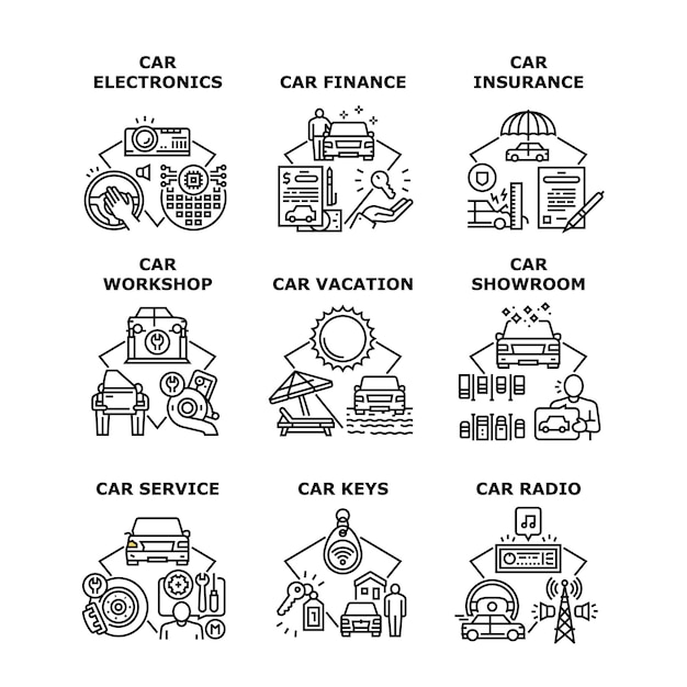 Set di icone di elettronica per auto illustrazioni vettoriali