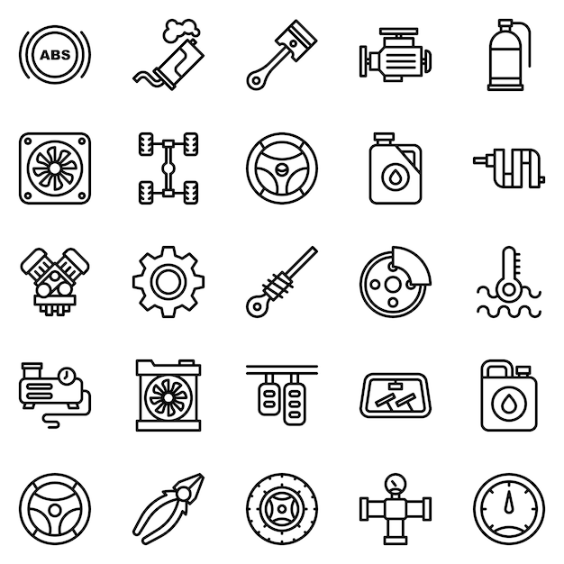 Vector car engine icon pack, with outline icon style