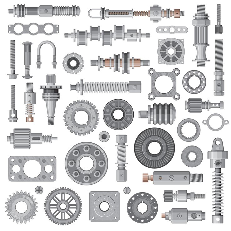 Vector car engine, machine spare parts, mechanism steel bolts and nuts, bearing, cogwheel and spring absorbers