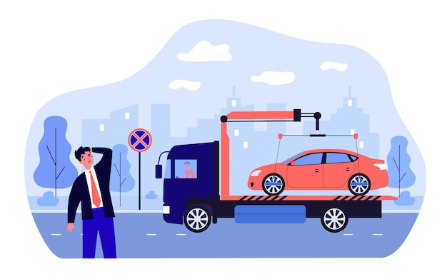 Car evacuation due to violation of parking rules by businessman. confused owner, tow truck flat vector illustration. car service, transportation concept for banner, website design or landing web page