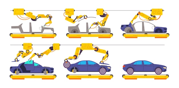 Car factory assembly Automotive plant cars manufacture line industrial conveyor machinery process automatic assemble automobile auto motor production splendid vector illustration