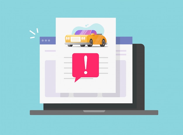 Vettore rapporto di descrizione online della cronologia dei rischi delle auto false con accesso al computer di avvertimento o pagina del documento di informazioni delle istruzioni dell'automobile del sito web di internet del computer portatile del pc