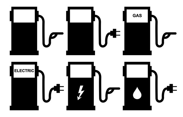 Car filing station Gasoline car and electric car at the refueling station Electrical cable plugs w