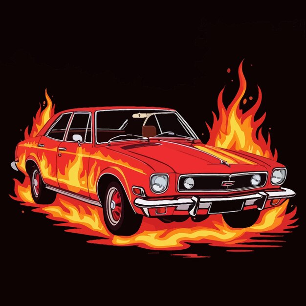 Vector car on fire hotrod automobile insurance hazard vector clipart illustration