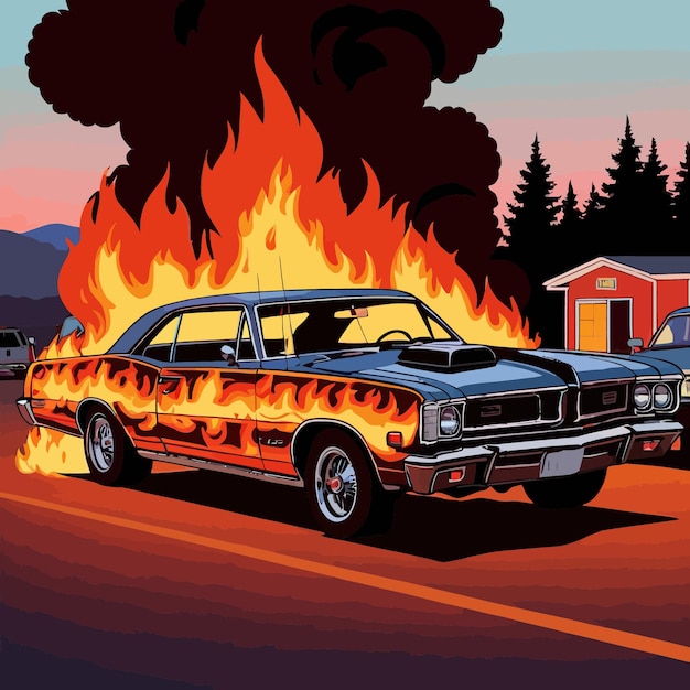 Car on fire hotrod automobile insurance hazard vector clipart illustration