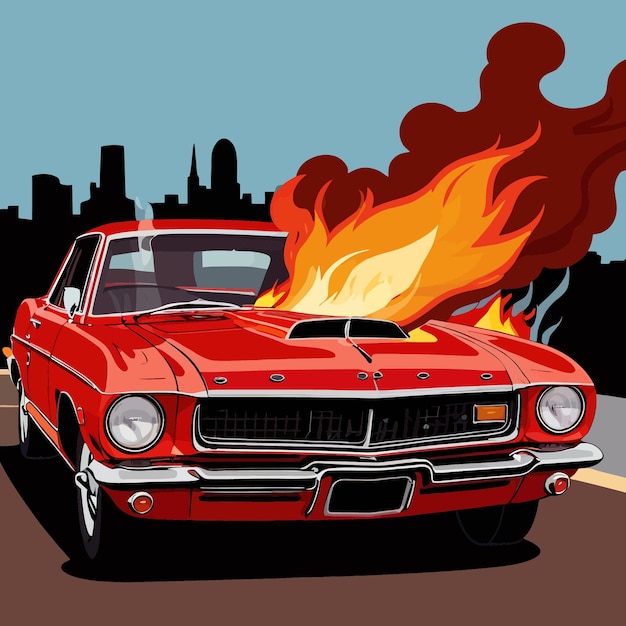 Vector car on fire hotrod automobile insurance hazard vector clipart illustration