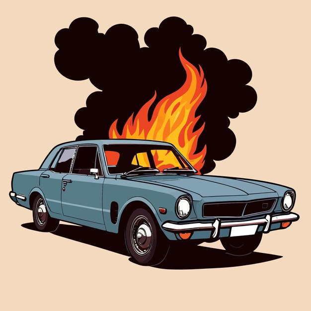 Автомобиль на пожаре горячий велосипед автомобильное страхование опасность вектор клипарт иллюстрация