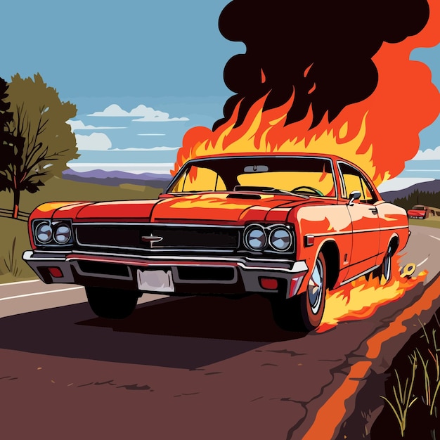 Vector car on fire hotrod automobile insurance hazard vector clipart illustration