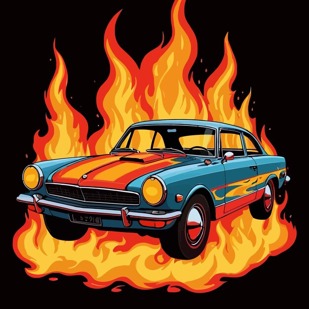 Vector car on fire hotrod automobile insurance hazard vector clipart illustration