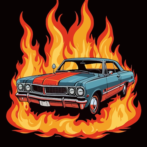 Vector car on fire hotrod automobile insurance hazard vector clipart illustration