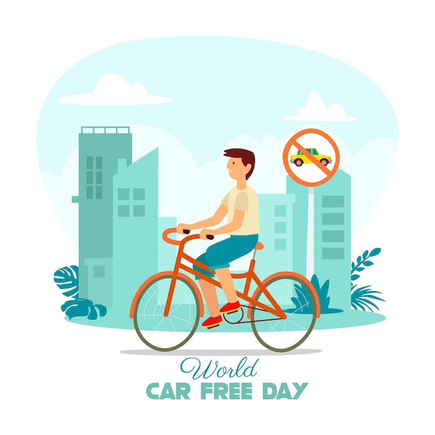 Car free day concept with illustration of people riding bicycles in the middle of the city