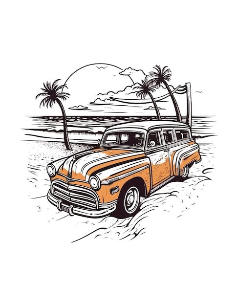 car in front of a beach Handdrawn illustration car Handdrawn illustration design