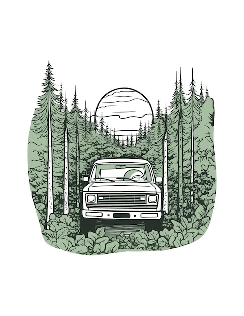 car in front of a Forest Handdrawn illustration car Handdrawn illustration design