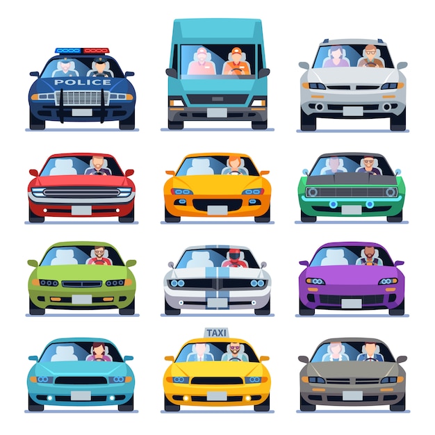 Car front view. auto automotive people man woman child family urban drivers traffic vehicles driving cars set flat set