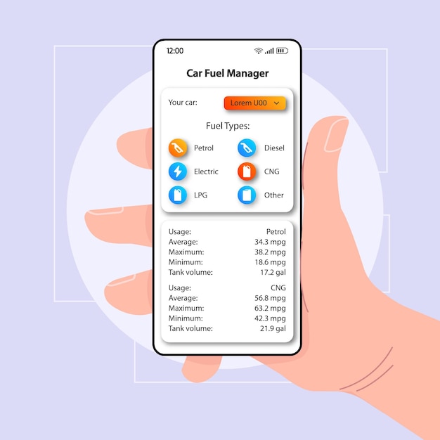 車の燃料マネージャースマートフォンインターフェイスベクトルテンプレート