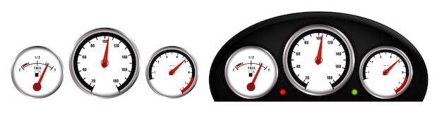 Vettore indicatori auto tachimetro contagiri indicatore livello carburante cruscotto auto vettore realistico su sfondo bianco