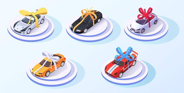 Car gift concept automobile with bow ribbon 3d isometric design best offer cars for sale rent template isolated on white background presentation show speed race vehicle vector illustration