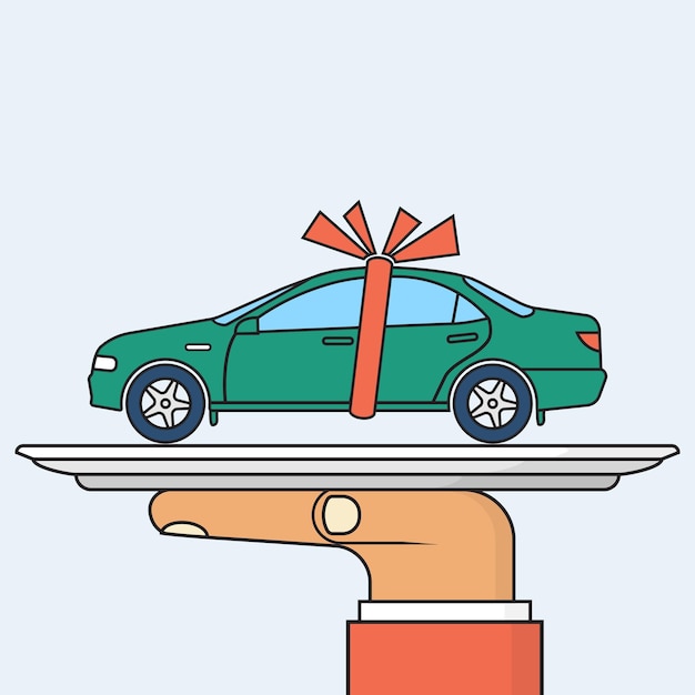 Car gift concept. man holding a tray of auto with red ribbon. vector illustration minimal flat design. best offer cars for sale, rent, template. isolated on background. presentation, show vehicle.