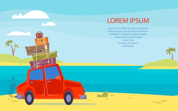 the car goes on a trip with a suitcase on the roof banner template with the sea