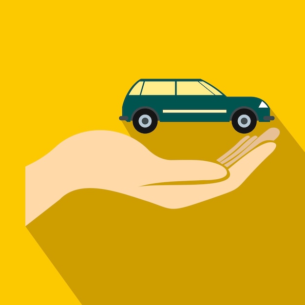 Vector car in hand icon in flat style on a yellow background