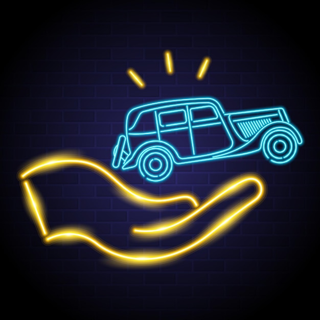 Car on hand icon with neon light bright element