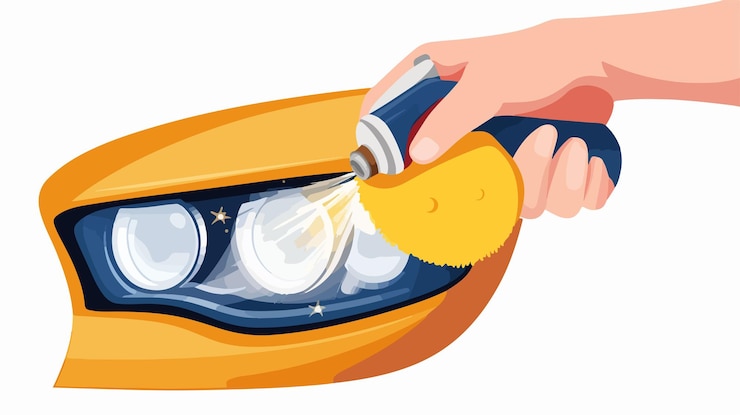 Vector car headlight cleaning with sponge and spray