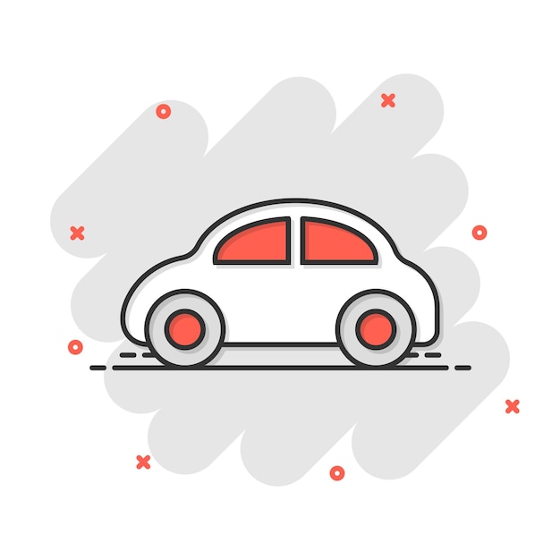 Car icon in comic style automobile vehicle cartoon vector illustration on white isolated background sedan splash effect business concept