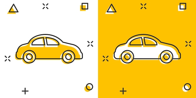 コミック スタイルの車のアイコン分離白地自動車漫画ベクトル イラスト セダン スプラッシュ効果ビジネス コンセプト