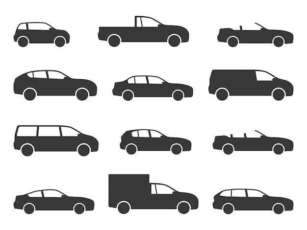 Car icons. Various black vehicle side view silhouettes, automobiles for travel, models auto sedan and hatchback, truck and pickup, minivan and cabriolet, transport shapes web signs vector isolated set