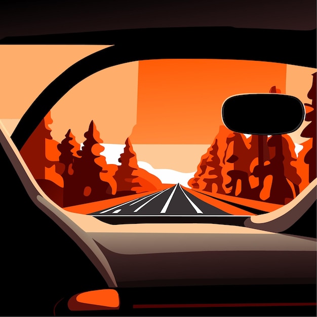 Vector car illustration or night coast car ride to village island landscape sea view or close up of car