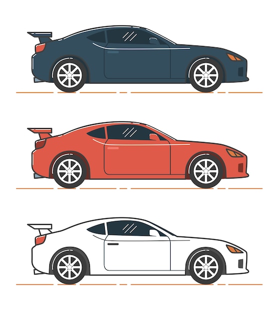 車のイラスト。青、赤、白の車の側面図