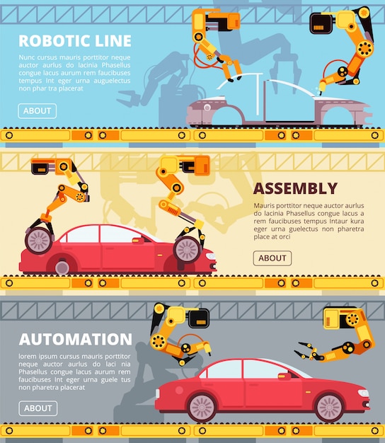 ベクトル 自動車産業の組立ライン。産業用ロボットを備えた自動生産工場。自動車製造ベクトルバナーセット