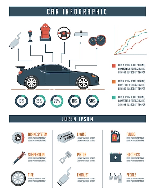 Vector car infographic template with car parts. auto service and repair concept