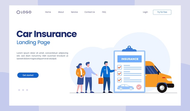 Car insurance assurance new vehicle agent claim safety protection flat illustration vector landing page template