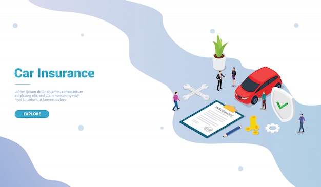 Car insurance concept with car and contract paper with team people for website template or landing homepage and modern isometric flat style