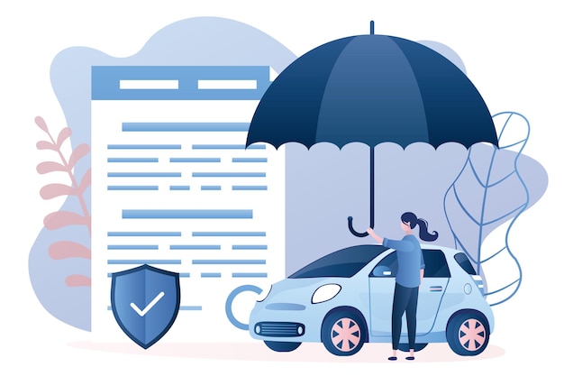 car insurance concept woman hold umbrella car with agreement shield guards vehicle from accident