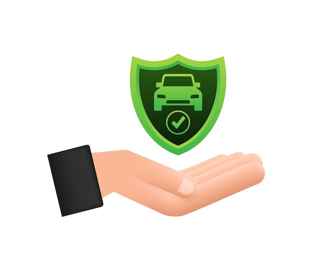 Vector car insurance contract document over hands. shield icon. protection. vector stock illustration.