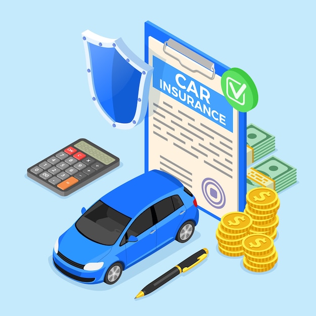 ポスター、webサイト、自動車保険の広告、計算機、お金と盾のための自動車保険の等尺性の概念。孤立