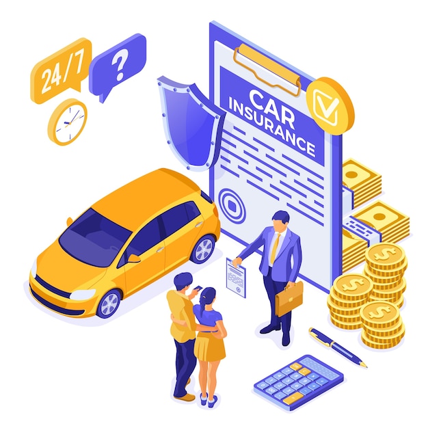 Vector car insurance isometric concept with insurance policy