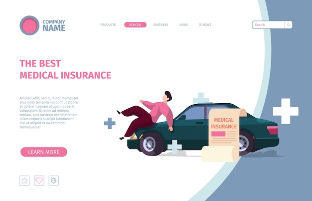 Car insurance landing. accident with automobiles safety auto garish vector web template with concept illustration and place for text. car service protection, automobile safety service