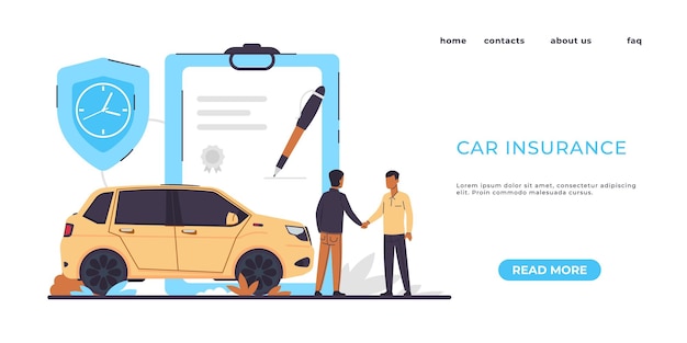 자동차 보험 방문 페이지 위험 보호 버튼과 텍스트가 있는 웹사이트 인터페이스 디자인 도로 사고 후 돈 지불 자동차 재해 또는 차량 절도 벡터 온라인 서비스