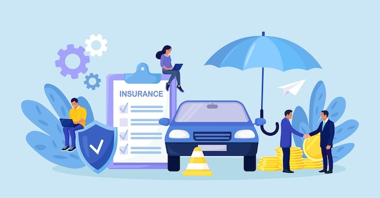 Vector car insurance policy form with shield, umbrella. insurance agent or salesman providing security document. people buying auto, leasing protection, warranty of vehicle from accident, damage or collision