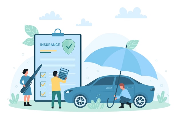 car insurance tiny people holding umbrella to protect vehicle from accidents policy